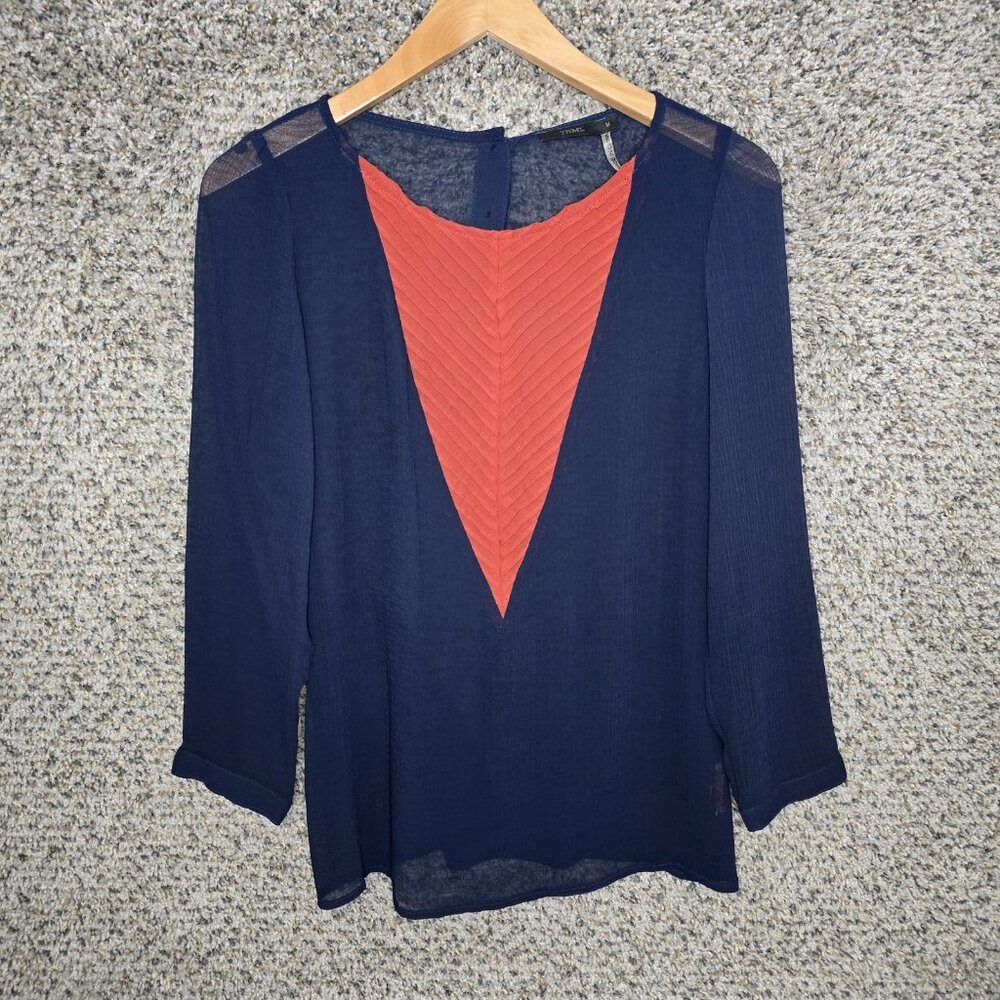 THML Top Womens Medium Navy Blue Scoop Neck Sheer Blouse Button Casual Ladies